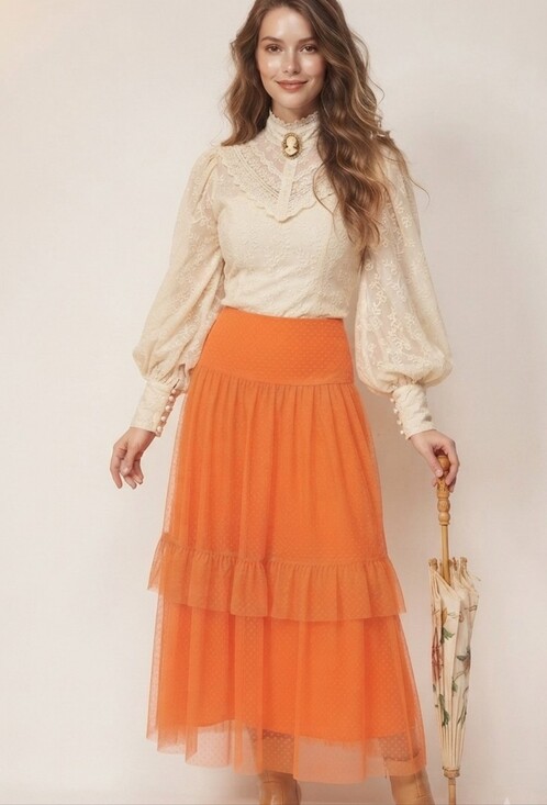 Anthropologie Dresses & Skirts - By Anthropologie Orange Dotted Tulle Tiered Maxi Skirt NWOT Small Bohemian
